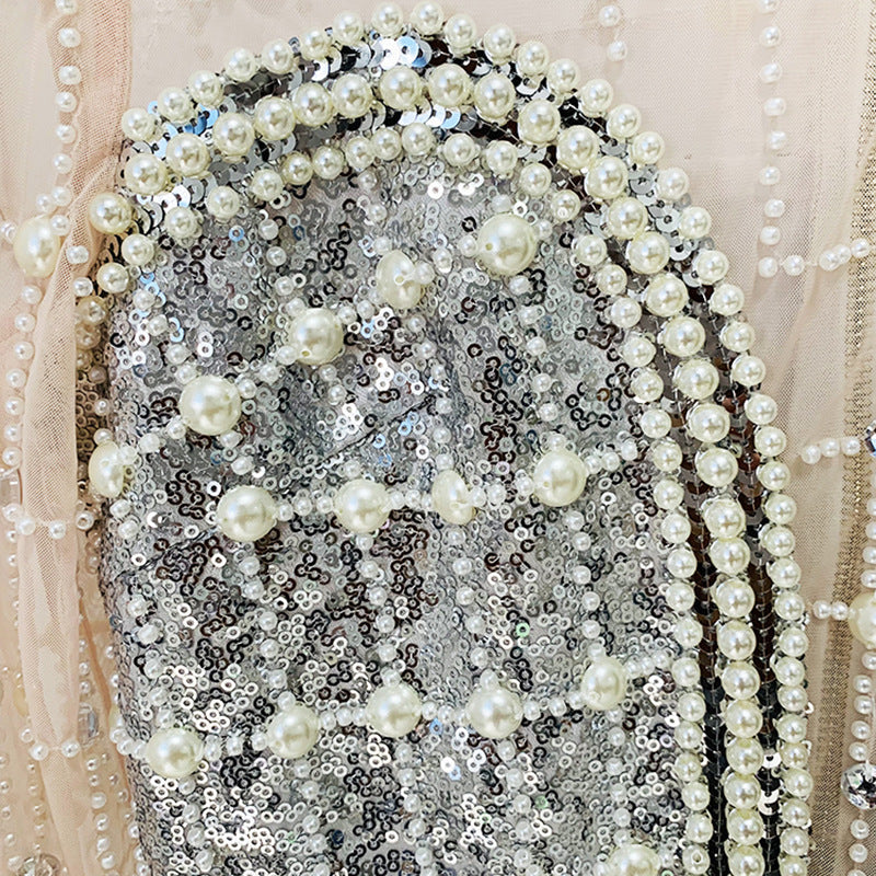 Pearl Sequin Long Sleeve Mesh Dress Elegant Style