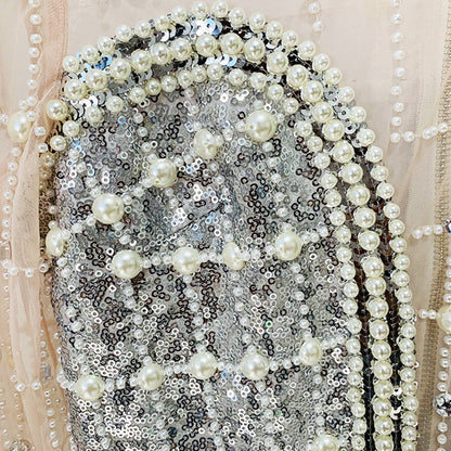 Pearl Sequin Long Sleeve Mesh Dress Elegant Style