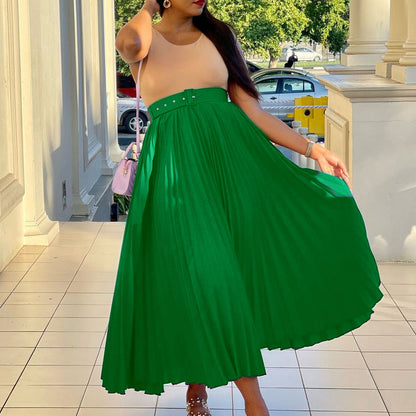 High Waist A-Line Midi Skirt With Belt In Solid Colors