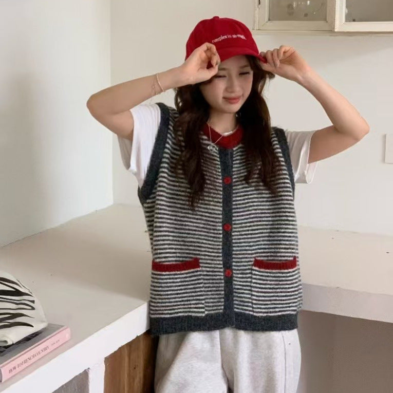 Color Block Striped Knit Vest for Women Casual Chic