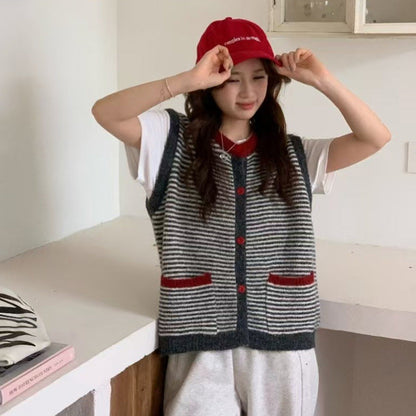 Color Block Striped Knit Vest for Women Casual Chic