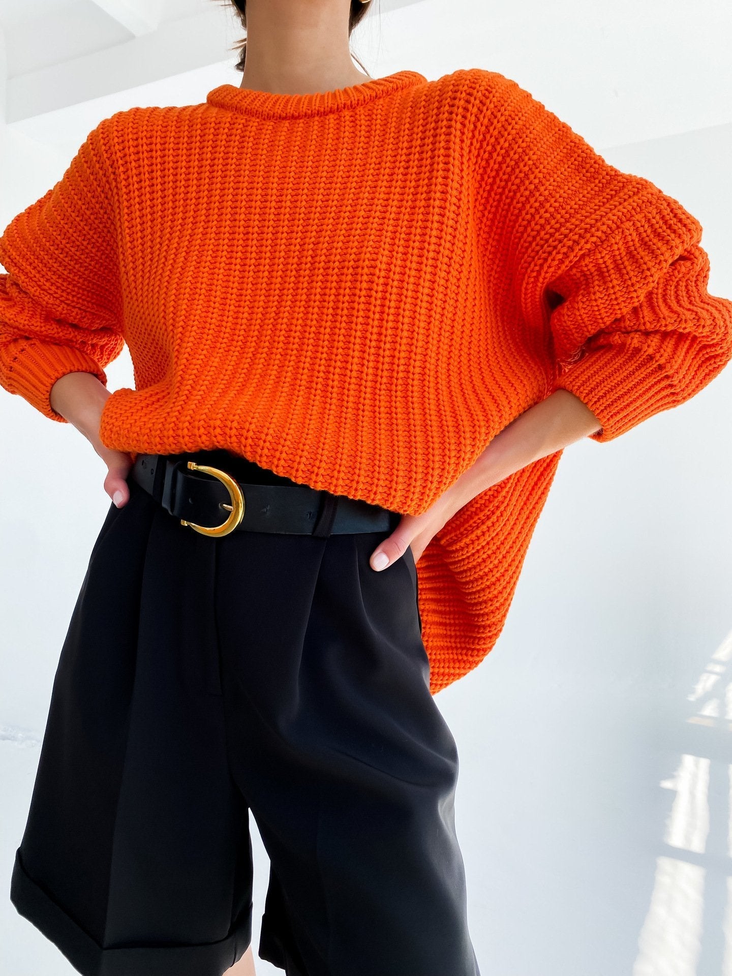 Women'S Sweater Loose Candy Color Round Neck Sweater