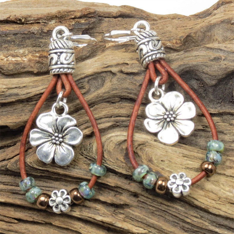 Bohemian Leather Rope Floral Earrings Simple Earrings