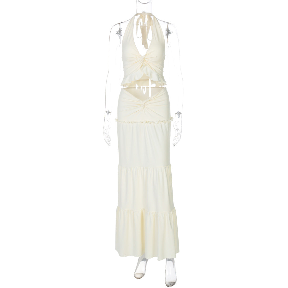 Sexy V-Neck Ruffle Hem Halter Maxi Dress Set