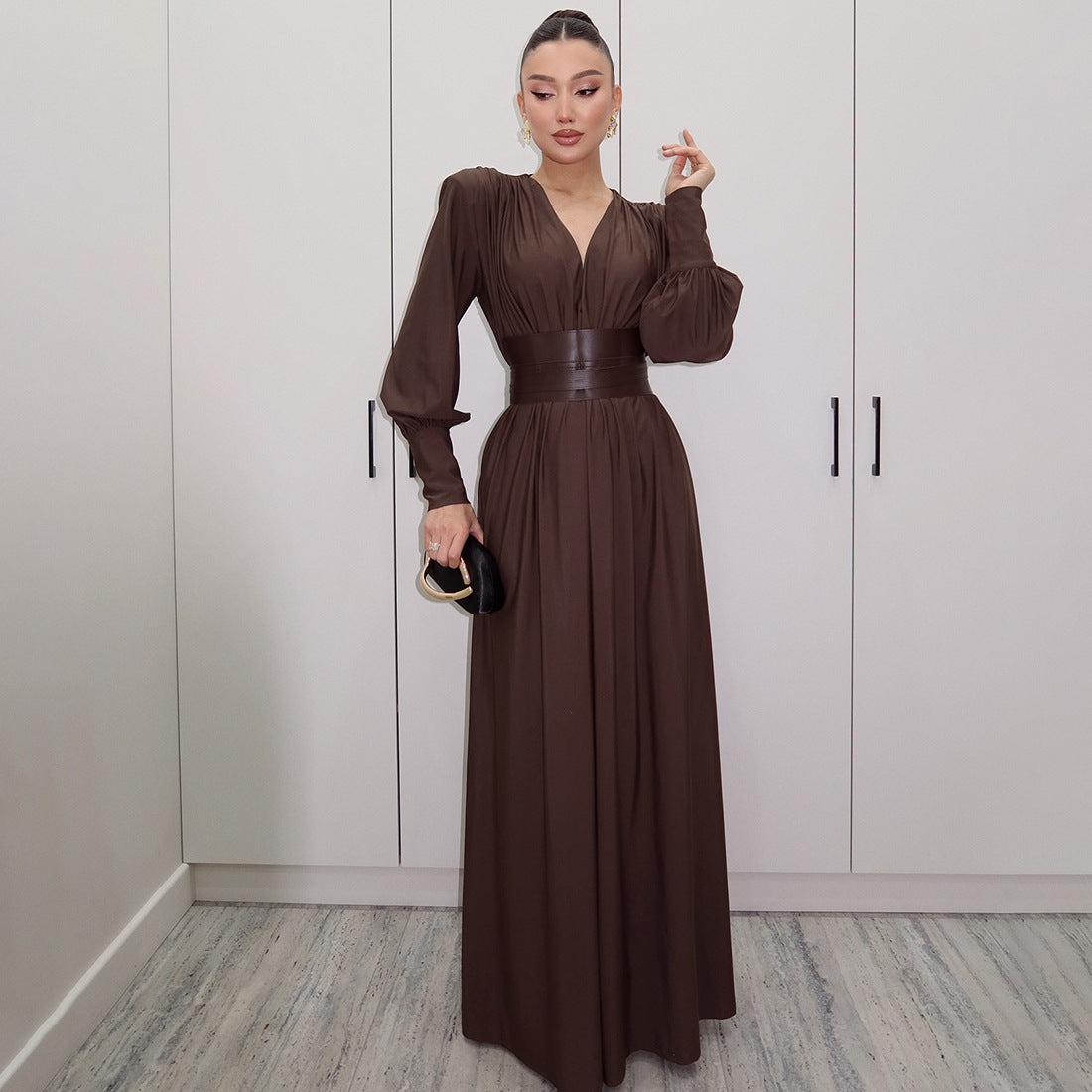 French Elegant Vintage V-Neck Loose Maxi Dress With Waist Belt