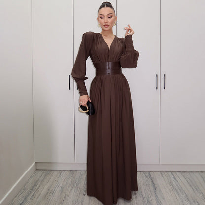 French Elegant Vintage V-Neck Loose Maxi Dress With Waist Belt