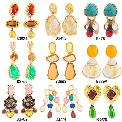 Trendy Geometric Resin Acrylic Gem Earrings With Metal Finish