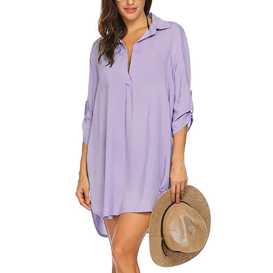 Women'S Deep V Neckline Fashion Beach Sunscreen Swimsuit Shirt Dress