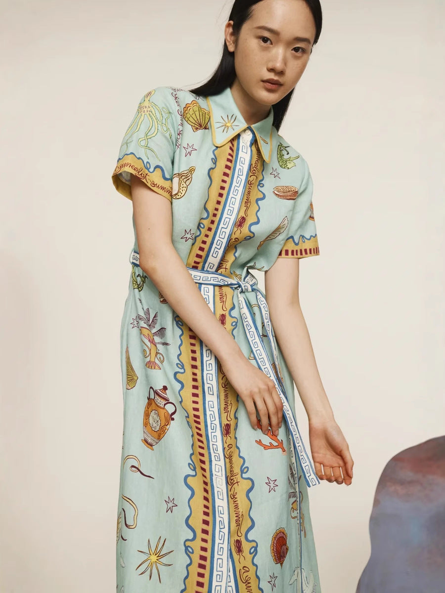 Casual Fashion Floral Printed Linen Dress with Lantern Sleeves