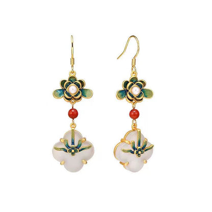 White Jade Clover S925 Silver Earrings With Oriental Classical Paintings, Southern Red Enamel Painted Earrings