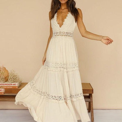 Fashionable Lace Midi Dress With V-Neck For Elegant Casual Wear