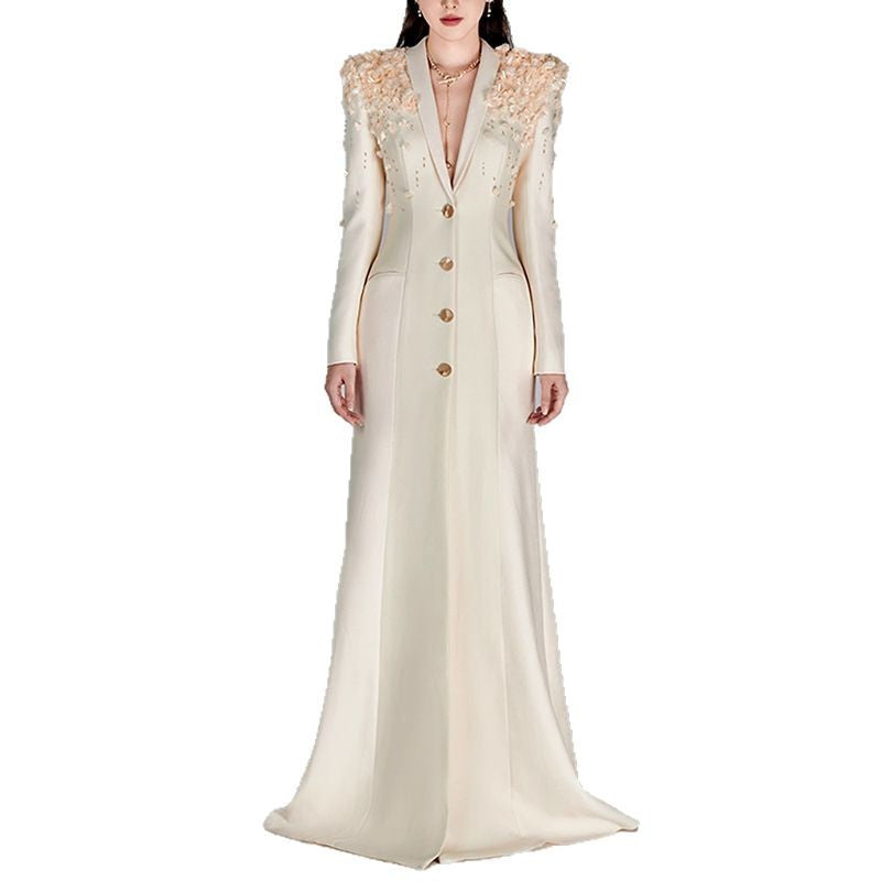 Floral Embellished Long Dress Elegant Cotton Blend Gown