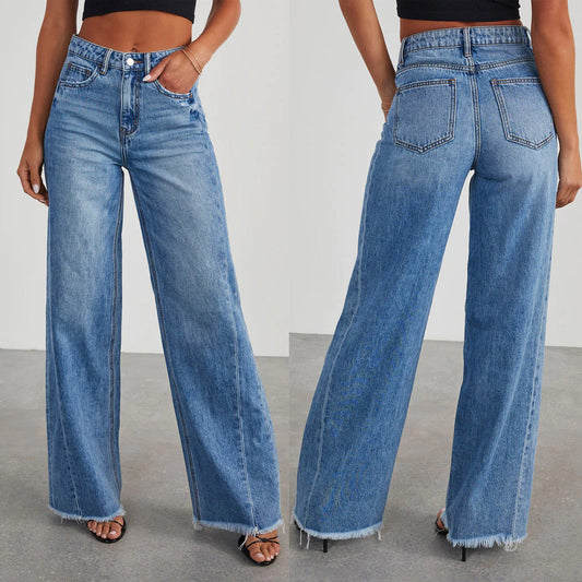 Wide-Legged Distressed Denim Pants with Side Paneling for Women