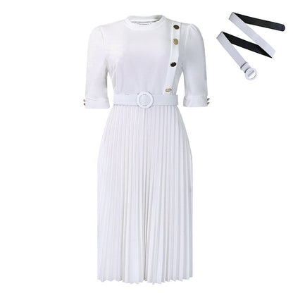 Elegant Solid Color Pleated Button Dress With Belt