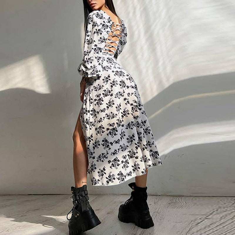 Elegant Floral Backless Midi Dress with Tie