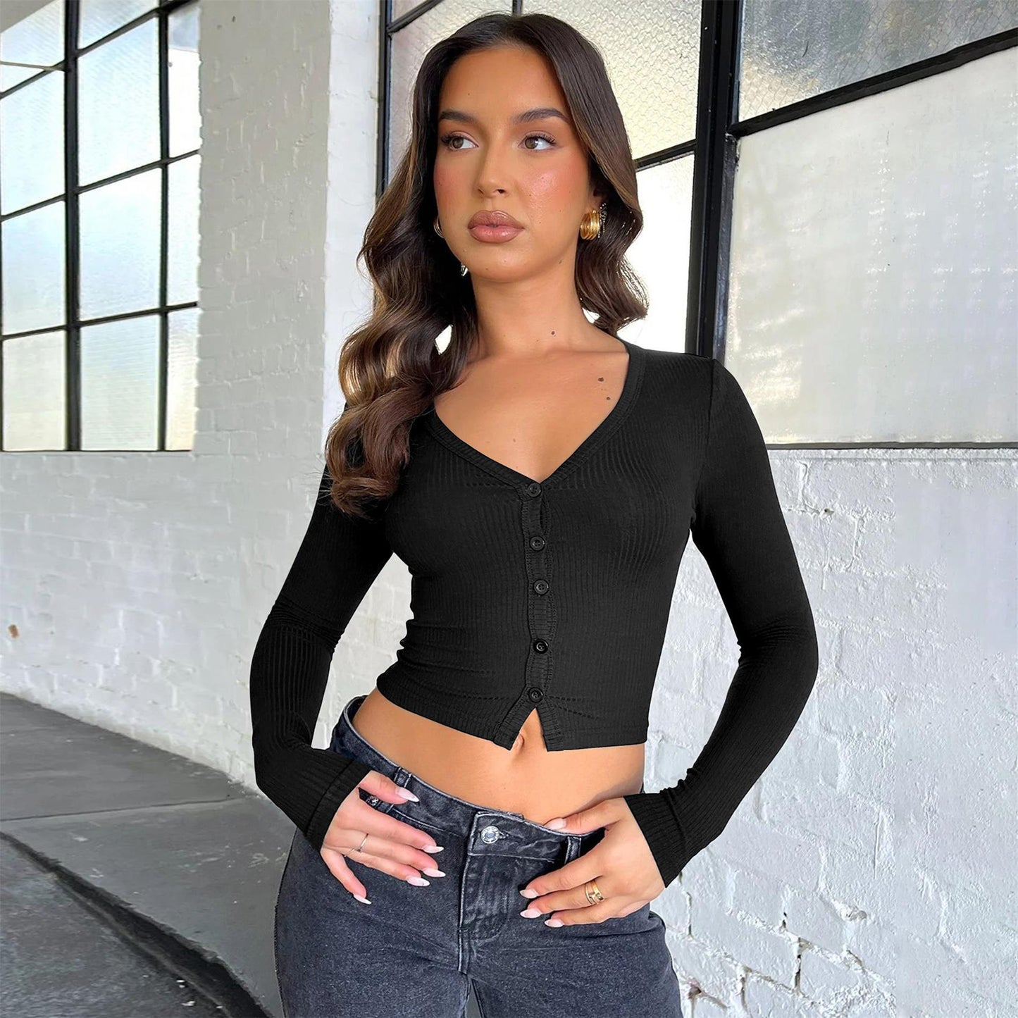 Button-Detail Ribbed Cardigan Casual V-Neck Long Sleeve Top
