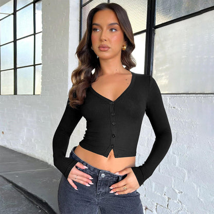 Button-Detail Ribbed Cardigan Casual V-Neck Long Sleeve Top