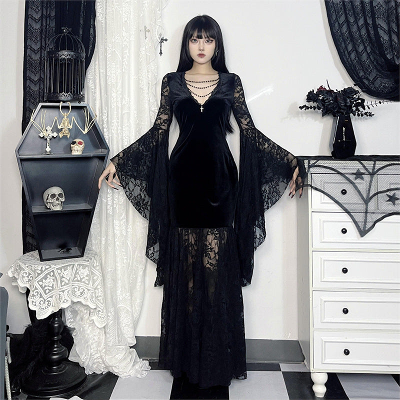 Elegant V Neck Velvet Dress With Lace Detail