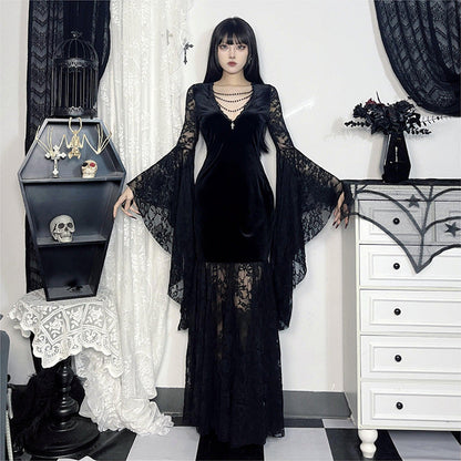 Elegant V Neck Velvet Dress With Lace Detail