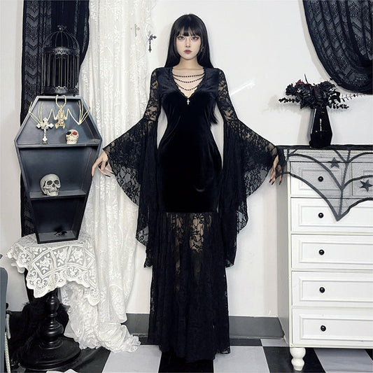 Elegant V Neck Velvet Dress With Lace Detail