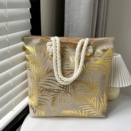 Large Capacity Linen Tote Bag with Dual-Sided Gold Foil Design