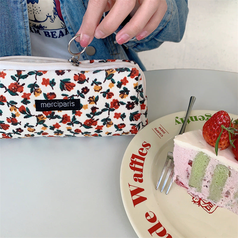 Corduroy Flower Jacquard Color Block Make Up Bag