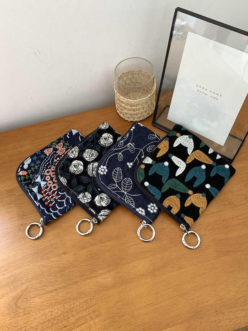 Cute Cotton Linen Embroidered Coin Purse Mini Makeup Bag