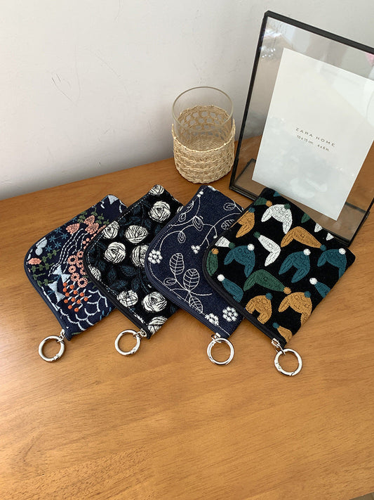 Cute Cotton Linen Embroidered Coin Purse Mini Makeup Bag