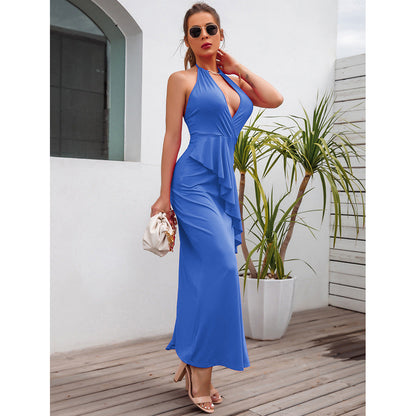 Women'S Temperament Slit Pleated Suspender Dress Evening Dress