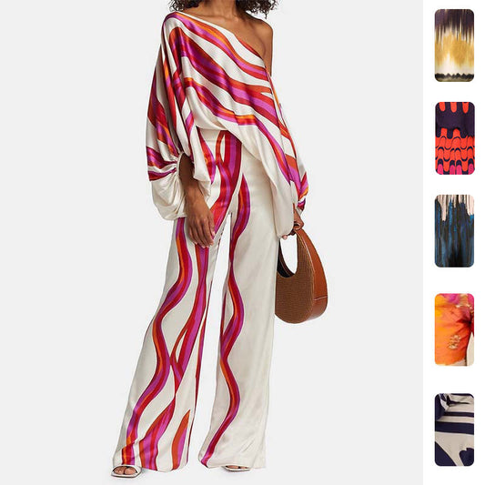 Elegant Batwing Sleeve Printed Two-Piece Set