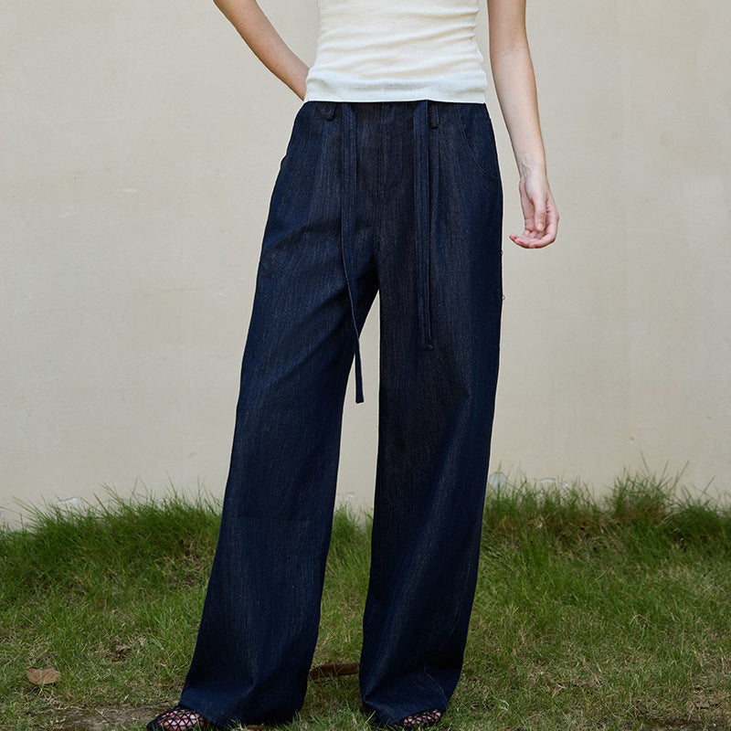 High-Waisted Casual Straight Pants with Tie Detail