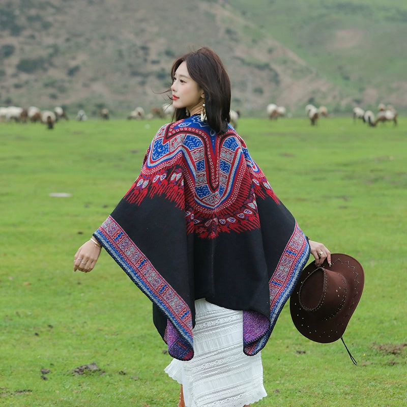 Tibetan Great Retro Totem Red Warm Outer Shawl Women'S Scarf Autumn And Winter Cloak Big Cloak