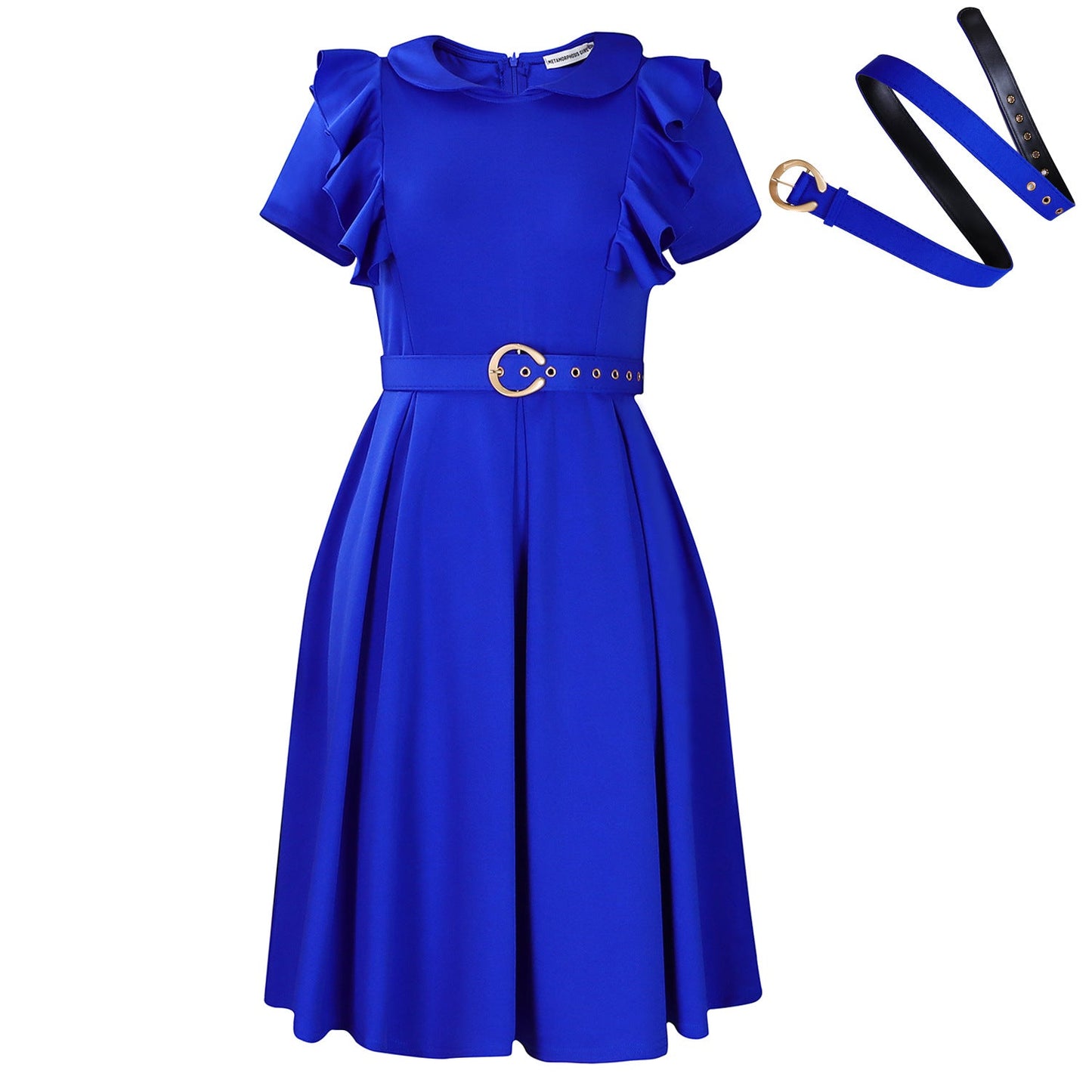 Elegant High Waist Ruffle Hem A-Line Dress With Peter Pan Collar