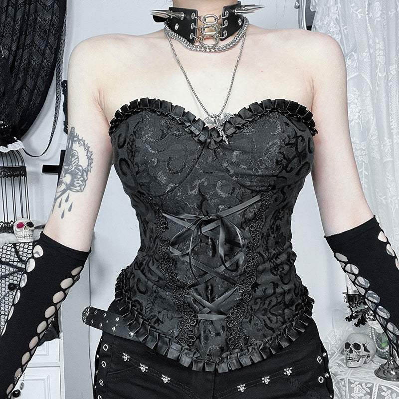 Black Floral Lace Strapless Crop Top