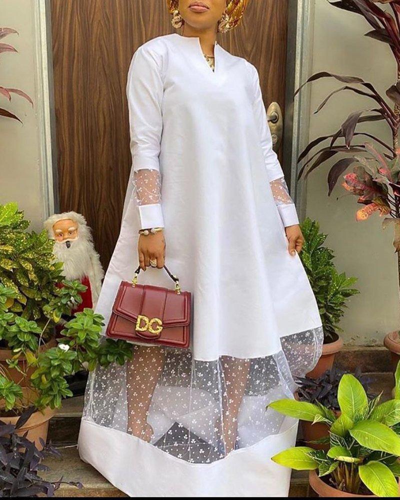 High Sense Long Sleeve Hollow Out Long Skirt V-Neck Solid Color Contrast Large Swing Dress