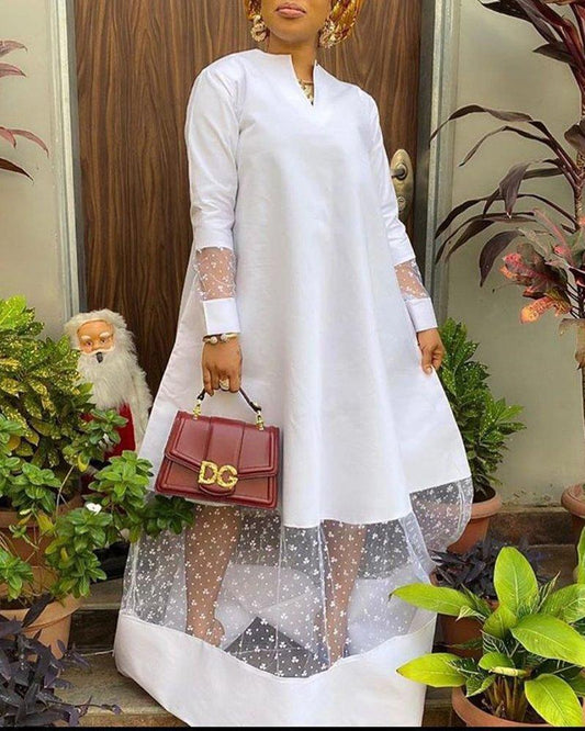 High Sense Long Sleeve Hollow Out Long Skirt V-Neck Solid Color Contrast Large Swing Dress