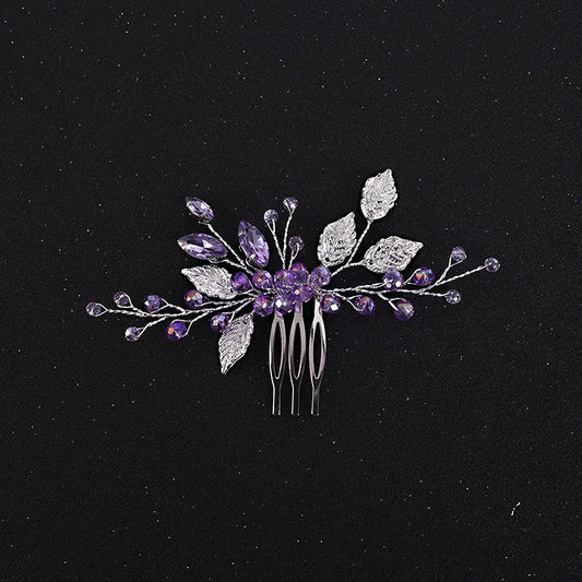 Purple Crystal Silver Alloy Leaf Hair Comb Wedding Bridal Hairpiece