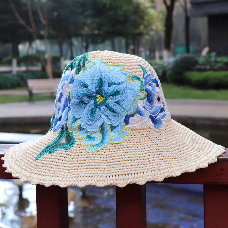 New Ethnic Style Embroidery Big Brim Hat Sun Visor Hat 3D Flower Hat Women'S Embroidery Hat
