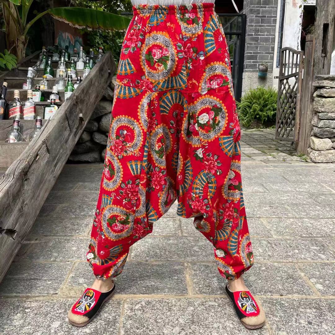 Ethnic Style Summer Men'S And Women'S Same Large Crotch Pants Cotton And Linen Printed Casual Lantern Trousers