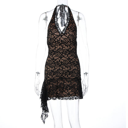 Sleeveless Deep V Lace Backless Mini Dress