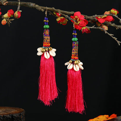 Retro National Style Contrast Color Pommel Earrings Exaggerated Personality Bohemian Holiday Long Tassel Temperament Earrings Women