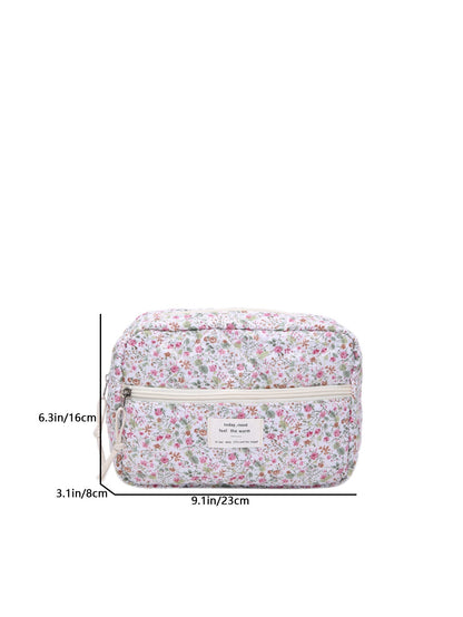 Flower Print Large Capacity Quilted Makeup Bag