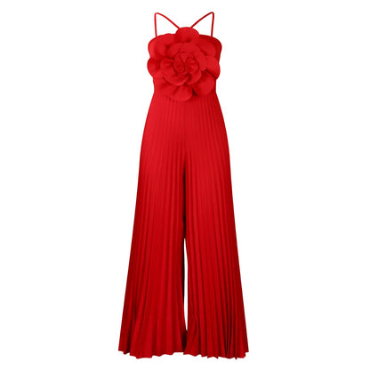 Fashionable Sexy Solid Color Pleated Jumpsuit With Floral Design