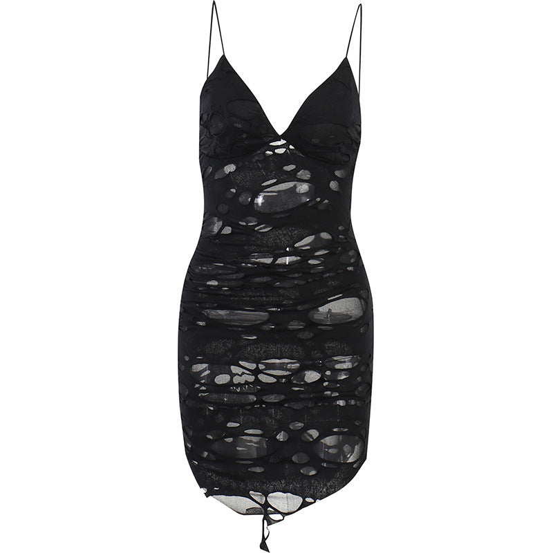 Sexy Black Ruched Slip Dress with Cut-Out Design