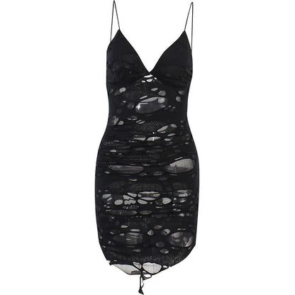 Sexy Black Ruched Slip Dress with Cut-Out Design