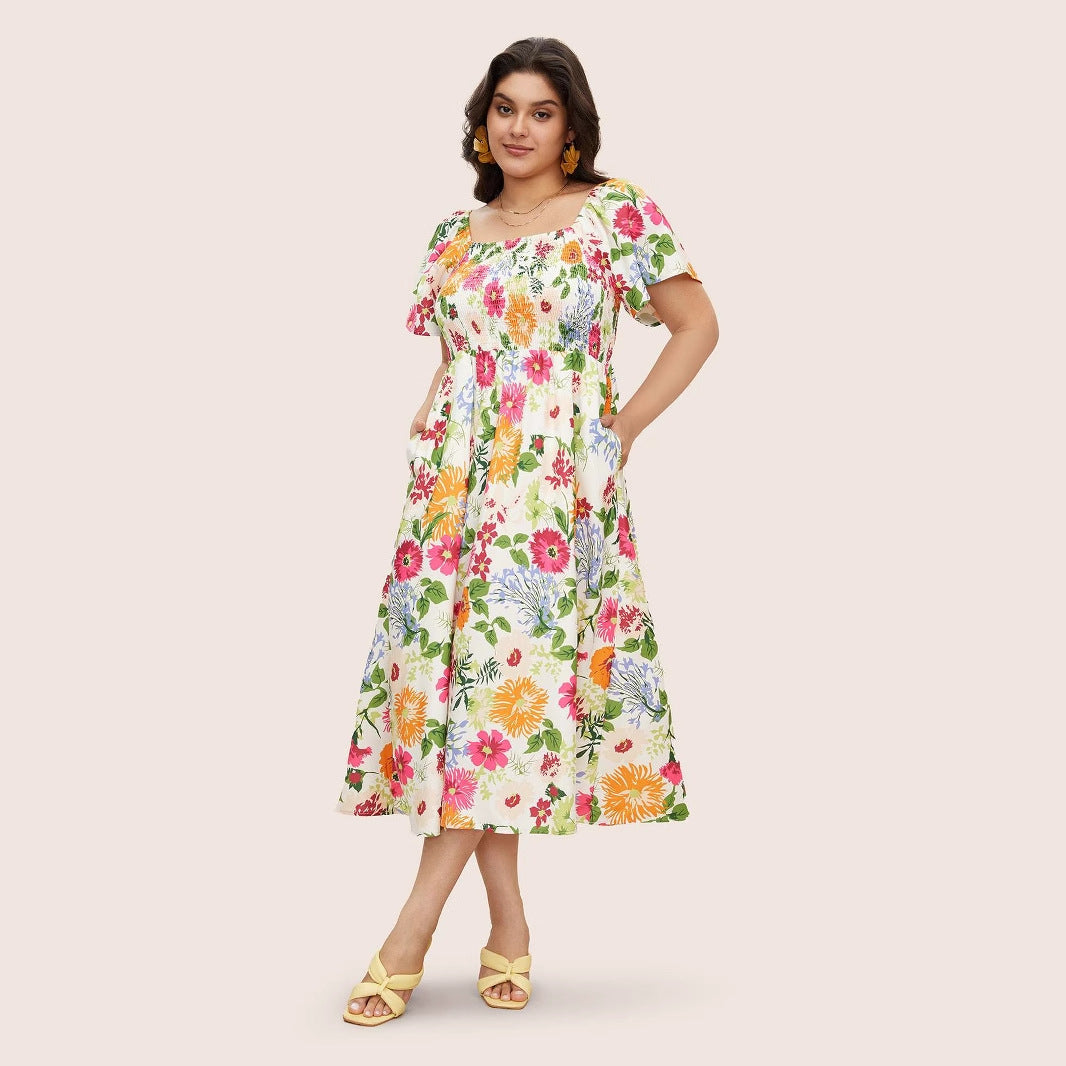 Plus Size A-Line Floral Maxi Dress With Square Neck
