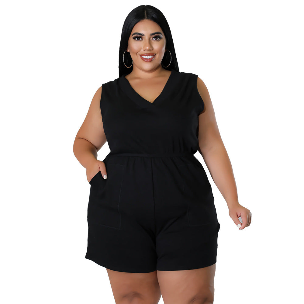 Plus Size V-Neck Solid Color Sleeveless Jumpsuit With Pockets