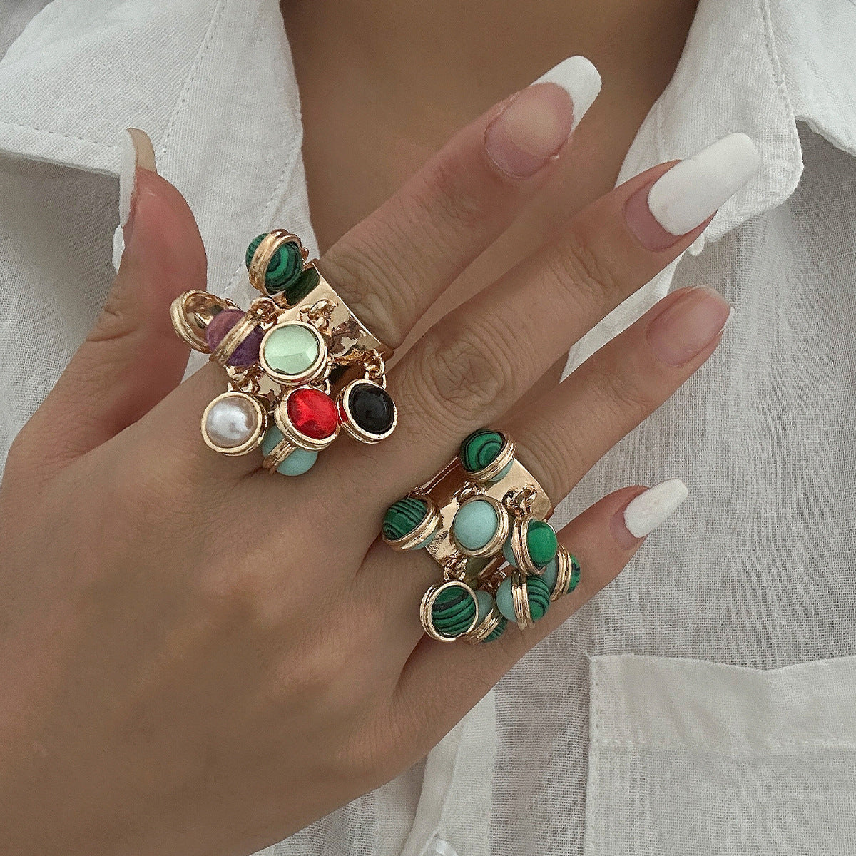 Bohemian Heart Shaped Gemstone Pearl Tassel Ring For Women