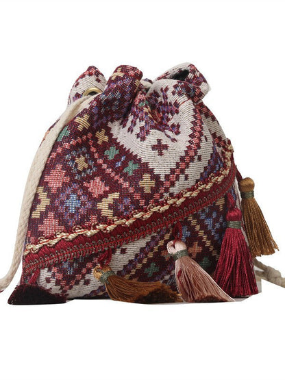 Trendy Bohemian Bucket Bag with Fringe - Canvas Shoulder Bag