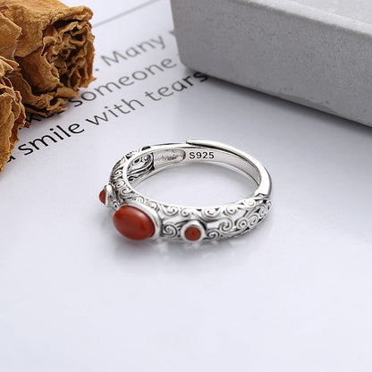 S925 Pure Silver Retro Old Craft Pattern Decorated With Southern Red Agate Art Style Open Ring